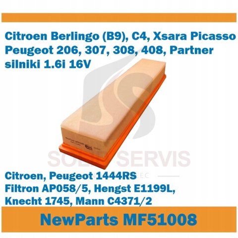 Filtr powietrza MF51008 Citroen Peugeot 1.6i 16V zamiennik Filtron AP058/5