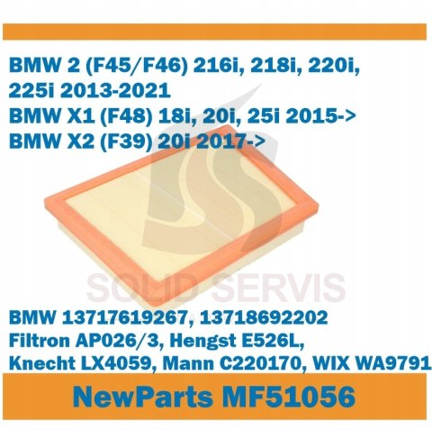 Filtr powietrza MF51056 BMW 2 X1 X2 zamiennik Filtron AP026/3